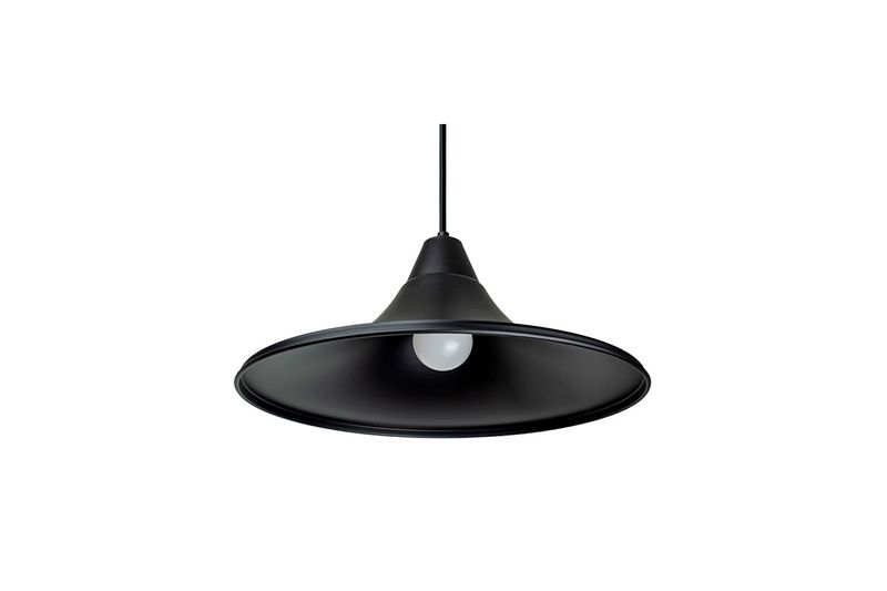 Luminaria colgante Teo aluminio 1L E27 negro Blumenau, vista inferior que muestra la bombilla blanca instalada