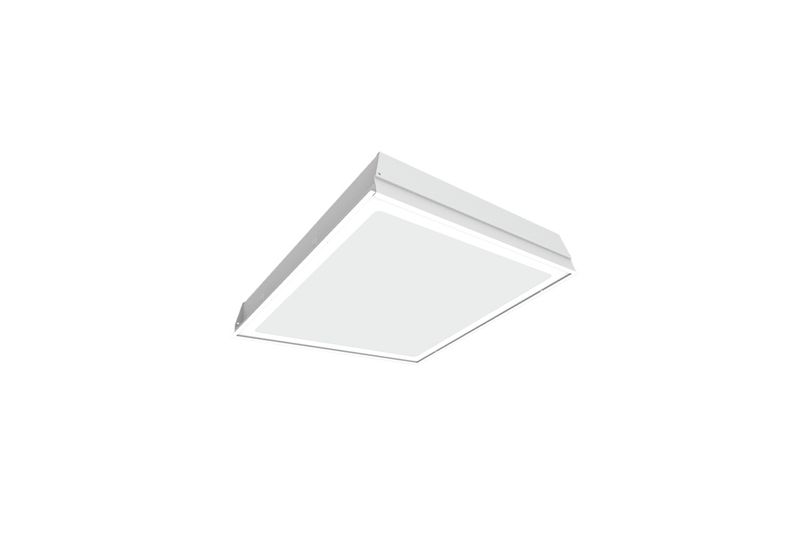 Luminaria LED 503 2 x 2 50 W cielo suspendido D15 4000K UL Sylvania, vista en perspectiva del panel blanco cuadrado