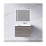Mueble para baño aéreo 80 x 46 cm con espejo LED Homekemp, mueble color madera con lavamanos blanco y espejo iluminado
