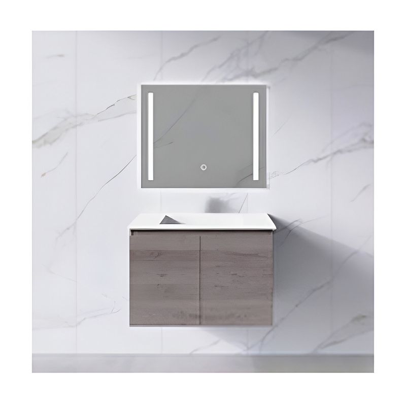 Mueble para baño aéreo 80 x 46 cm con espejo LED Homekemp, mueble color madera con lavamanos blanco y espejo iluminado