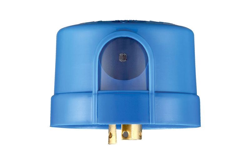 Fotocelda sin base 1000 W 105-305 V Sylvania, dispositivo de plástico azul con sensor frontal y terminales doradas