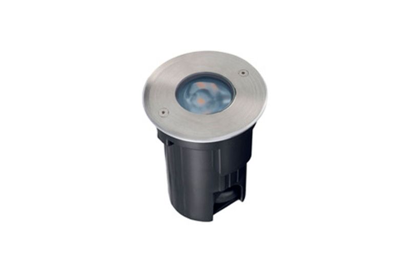 Luminaria empotrar piso bañador LED Canopus 7 W 325 lm 3000 K IP67 Tecnolite, vista en ángulo del cuerpo negro y bisel