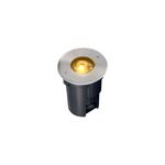 Luminaria empotrar piso bañador LED Canopus 7 W 325 lm 3000 K IP67 Tecnolite, vista diagonal con aro plateado y luz encendida