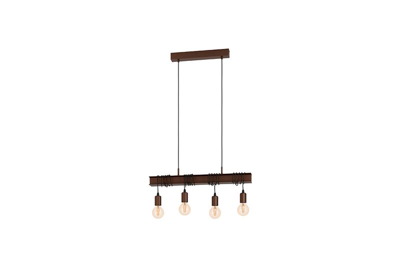 Luminaria colgante Townshend 4 4XE27 Eglo, vista frontal con cuatro bombillas expuestas y estructura café