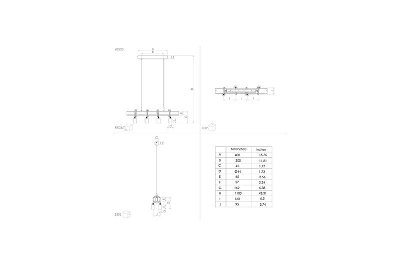 Luminaria colgante Townshend 4 4xE27 Eglo, gráfico técnico con diagramas de medidas y tabla de dimensiones
