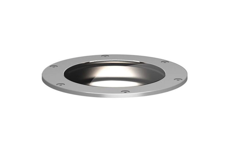 Luminaria LED exterior empotrar en piso redonda 25 W 4000 K 10-277 V Sinsa, vista inclinada del equipo en color plata