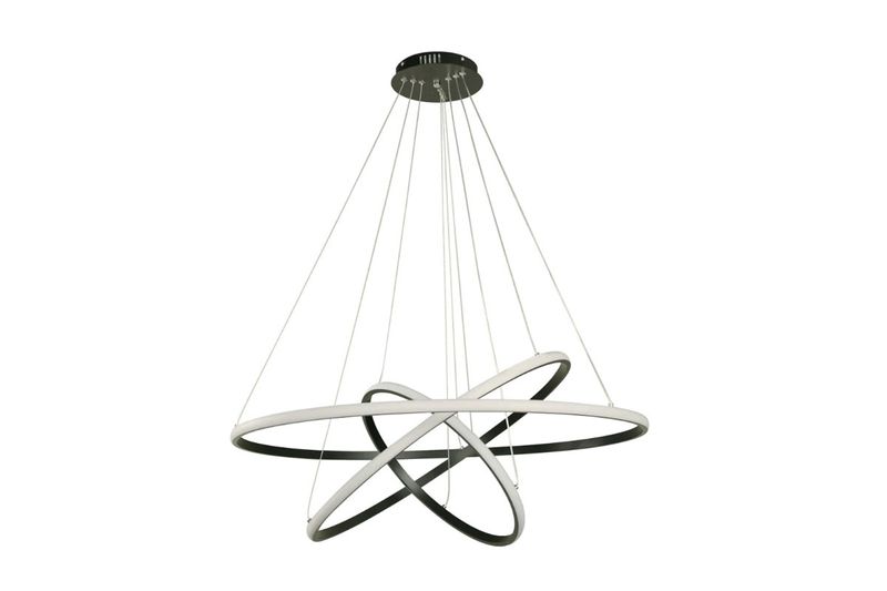 Luminaria colgante LED Atom 36 W 3000 K Sinsa, diseño de tres aros entrelazados en color negro y blanco con cables tensores