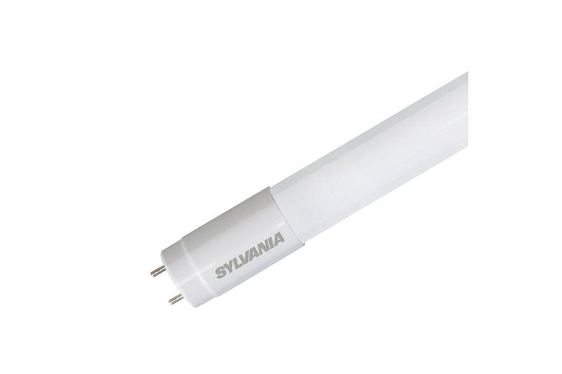 Luminaria LED mod. 200 Fit 2x18 W 48 pulgadas con tubo-Complex Sylvania, primer plano del extremo del tubo LED blanco