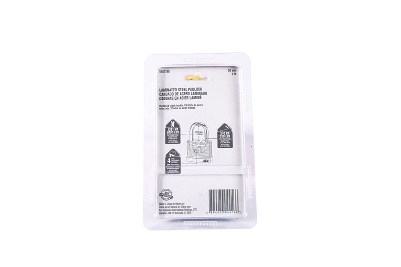 Candado laminado Ace de 52 mm negro alta seguridad, en su empaque transparente con cartón informativo blanco