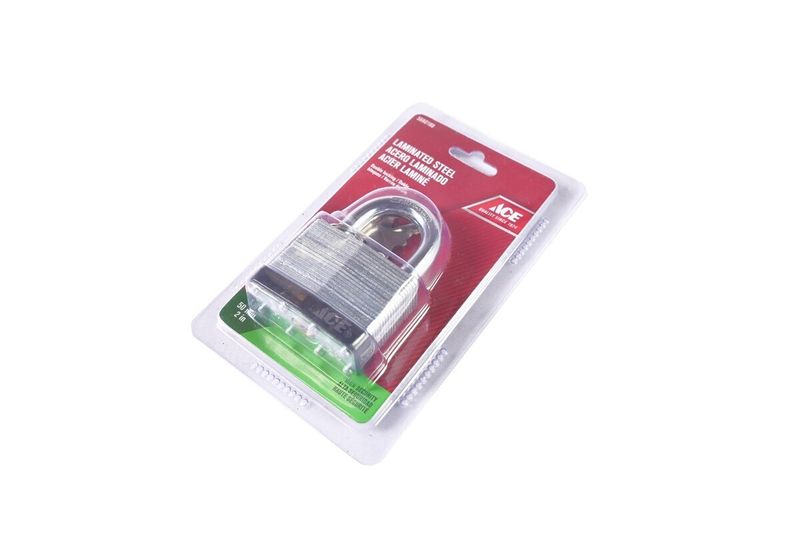 Candado laminado ACE 52 mm negro alta seguridad, en empaque blister transparente con fondo rojo y blanco