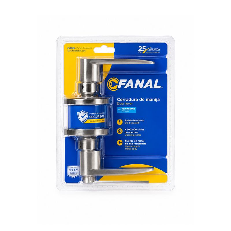 Cerradura manecilla baño Cannes Fanal bronce antiguo, producto en su empaque plástico con tarjeta informativa azul