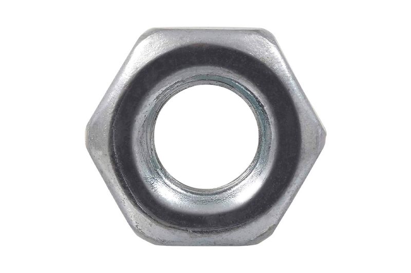 Tuerca hexagonal 8-32 pulgadas Hillman, vista frontal del orificio interno y sus seis caras metálicas