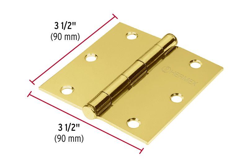 Bisagra cuadrada 2 piezas 3-1/2 x 3-1/2 dorado Hermex, vista superior con líneas rojas indicando las dimensiones