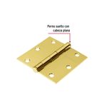 Bisagra cuadrada 2 pza 3-1/2 x 3-1/2 dorado Hermex, primer plano con indicador de perno suelto con cabeza plana