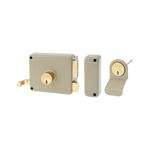 Cerradura parche 60 mm Toledo metal/madera cilindro fijo derecha, cuerpo y tapa en color beige con cilindro dorado