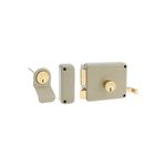 Cerradura parche 60 mm Toledo metal/madera cilindro fijo izquierda, piezas desarmadas con acabado beige y cilindros dorados