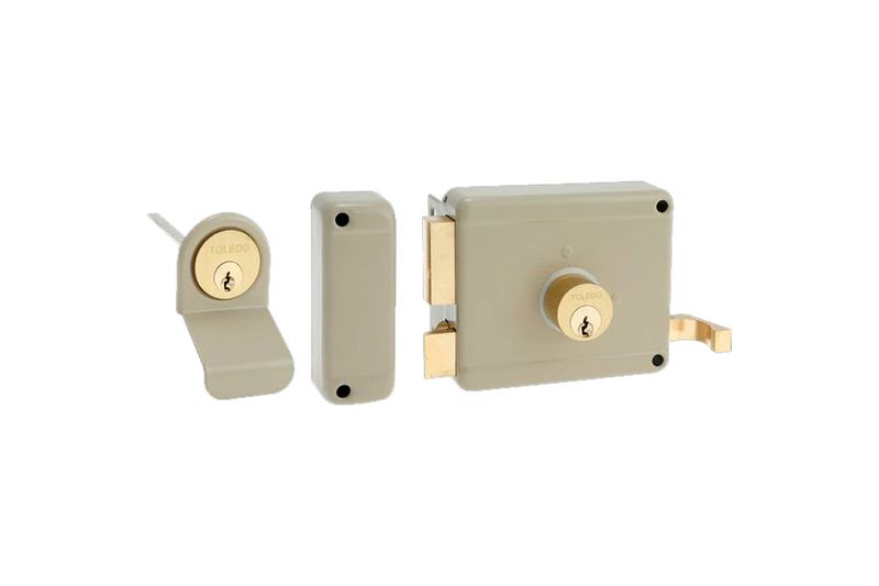 Cerradura parche 60 mm Toledo metal/madera cilindro fijo izquierda, piezas desarmadas con acabado beige y cilindros dorados