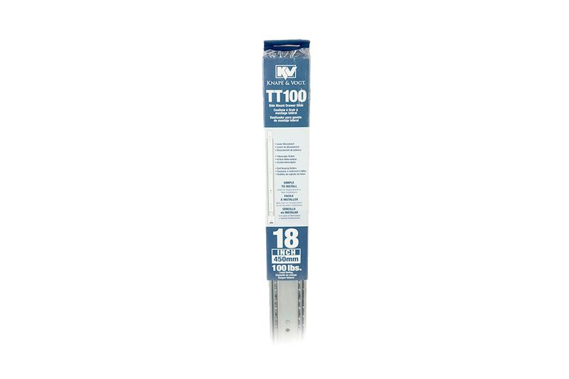 Riel para gaveta telescópico Knape & Vogt de 18 pulgadas y 100 lbs, empaque rectangular blanco y azul con especificaciones