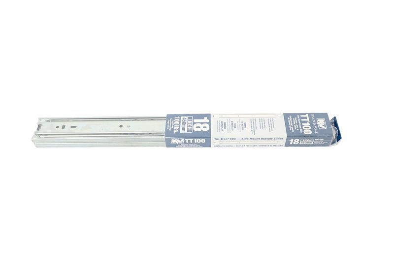 Riel para gaveta telescópico Knape & Vogt de 18 pulgadas y 100 lbs, empaquetado en su caja blanca y azul