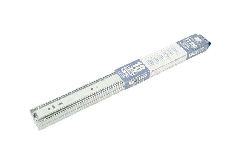 Riel para gaveta telescopio Knape & Vogt de 18 pulgadas y 100 lbs, empaque original con etiqueta informativa azul
