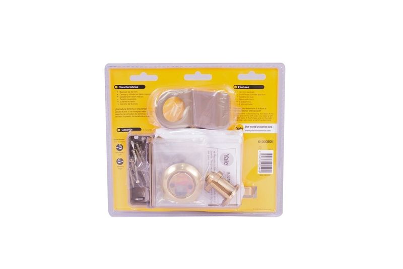 Cerradura parche madera cilindro suelto derecha Yale, kit completo en empaque blíster con tornillería y accesorios