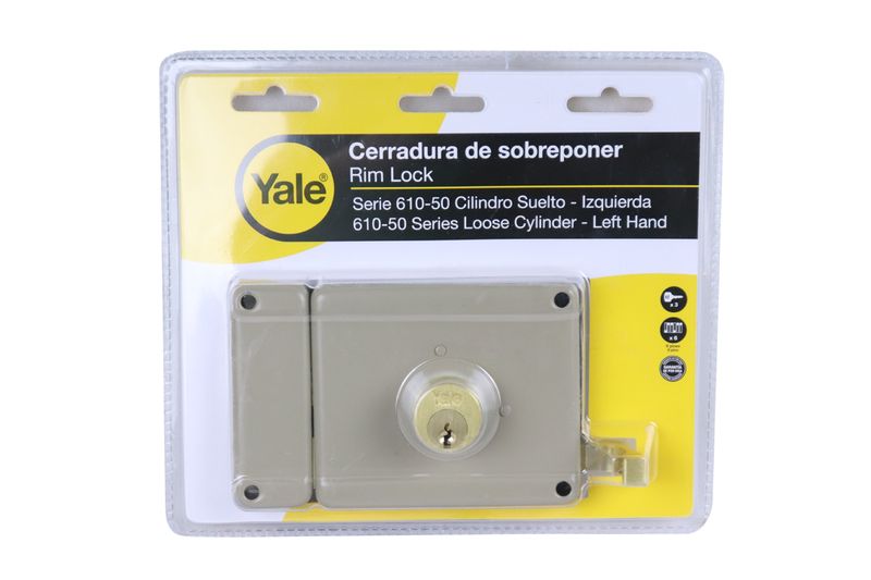 Cerradura parche Yale madera cilindro suelto izquierda, producto en empaque plástico transparente con caja amarilla