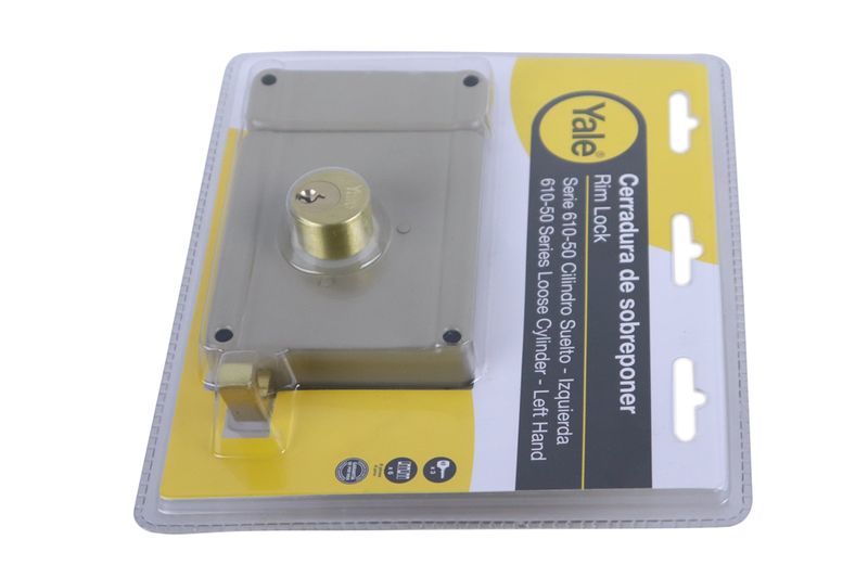 Cerradura parche Yale para madera con cilindro suelto izquierda, empaque blíster con fondo amarillo y negro