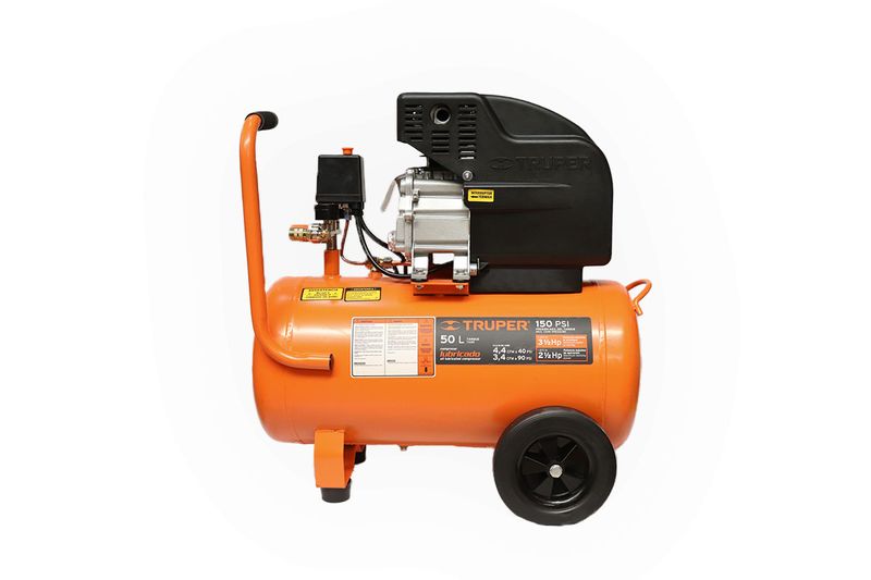 Compresor horizontal Truper de 50 lts, 116 psi y 2.5 hp, tanque naranja con ruedas negras y motor superior