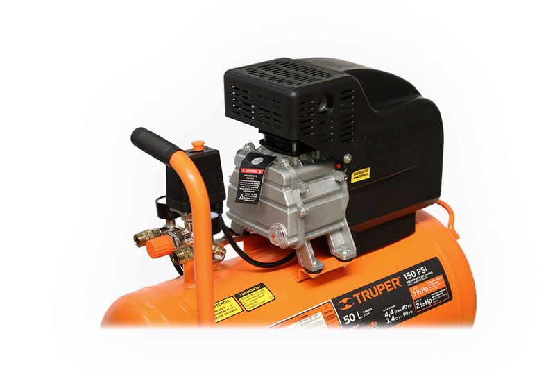 Compresor horizontal Truper de 50 lts, 116 psi y 2.5 hp, primer plano del motor negro y manómetro sobre tanque naranja