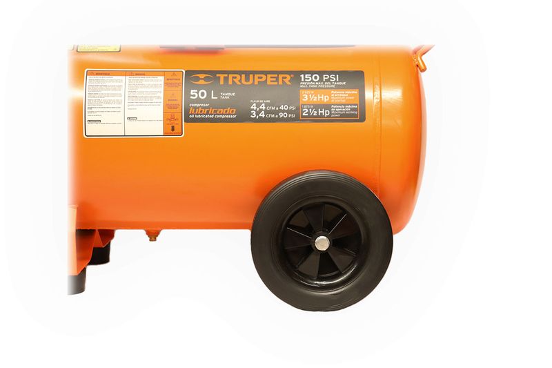 Compresor horizontal Truper de 50 lts, 116 psi y 2.5 hp, vista lateral del tanque naranja con una rueda negra