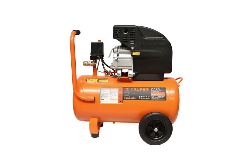 Compresor horizontal Truper de 50 lts, 116 psi y 2.5 hp, vista lateral completa del equipo color naranja con ruedas negras