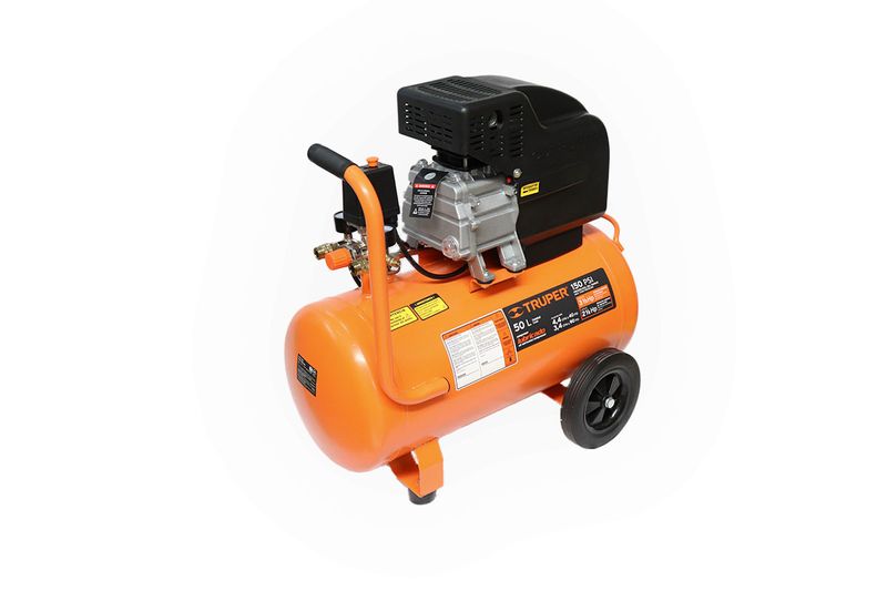 Compresor horizontal Truper de 50 lts, 116 psi y 2.5 hp, vista lateral completa del equipo en color naranja