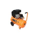 Compresor horizontal Truper de 50 lts, 116 psi y 2.5 hp, vista lateral del tanque naranja con ruedas y manija
