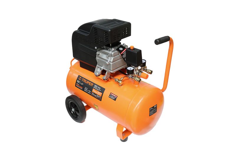Compresor horizontal Truper de 50 lts, 116 psi y 2.5 hp, vista lateral del tanque naranja con ruedas y manija