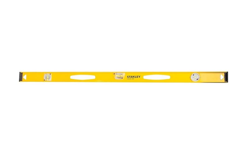 Nivel magnético I-Beam Stanley de 48 pulgadas, vista frontal completa del cuerpo amarillo con tres viales de medición