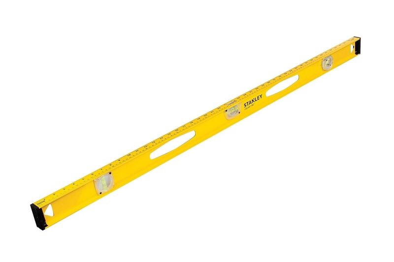 Nivel magnético I-Beam Stanley de 48 pulgadas, vista lateral completa del cuerpo amarillo con sus tres burbujas