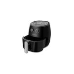 Freidora de aire 5.7 lts negra Black + Decker, vista frontal diagonal con canasta abierta y perillas de control