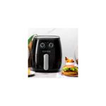 Freidora de aire 5.7 lts negra Black+Decker, vista frontal con hamburguesa y papas fritas al lado