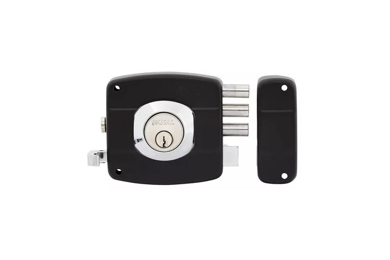 Cerradura parche triple metal cilindro suelto derecha negro Fanal, vista frontal del cuerpo y el contrafrontal