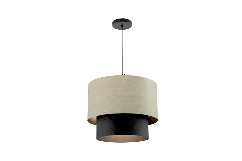 Luminaria colgante Wood claro 3L E27 60W blanco Blumenau, vista frontal con pantalla cilíndrica bicolor blanco y negro