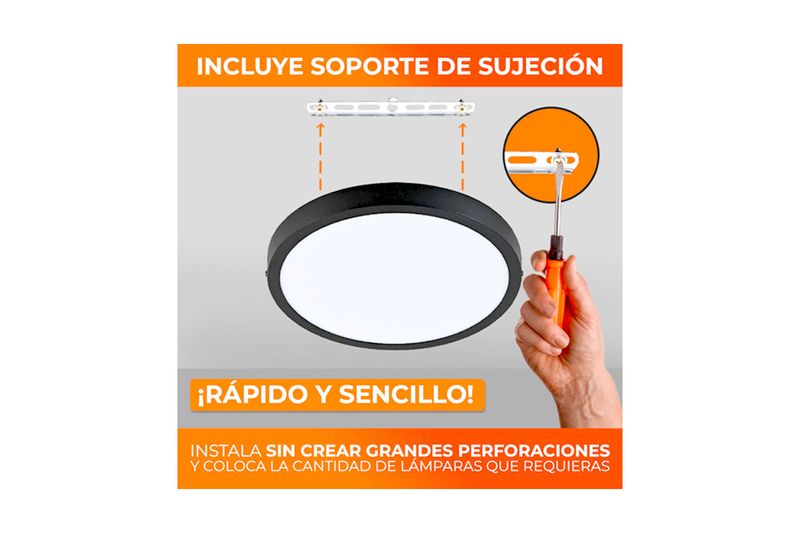 Luminaria sobreponer LED Ankaa IV negro redondo 24 W 1600 lm 6500 K 100-240 V Tecnolite, gráfico de instalación con soporte