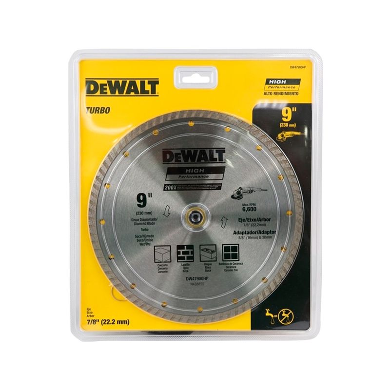Disco diamante DeWALT de 9 pulgadas aro ranurado corte seco, en su empaque plástico con fondo amarillo