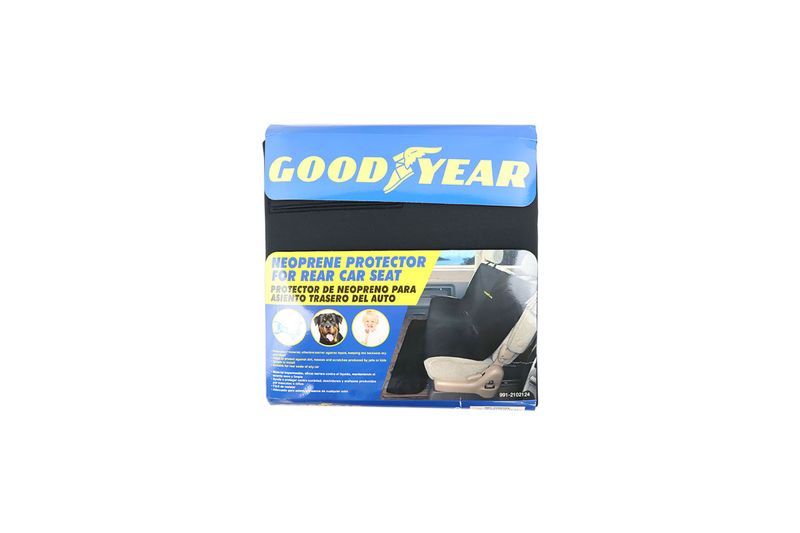 Protector para asiento de auto mascotas negro 126 x 150 cm Goodyear, en su empaque con ilustración de uso y perros