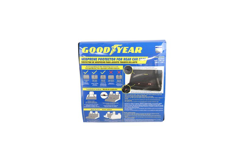 Protector para asiento de auto mascotas negro 126 x 150 cm Goodyear, empaque frontal con instrucciones y diagramas