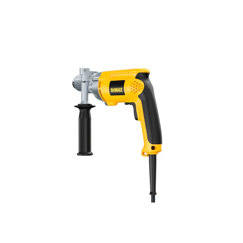 Taladro rotación eléctrico DeWALT de 1/2 pulgada y 900 W, vista lateral completa en color amarillo y negro