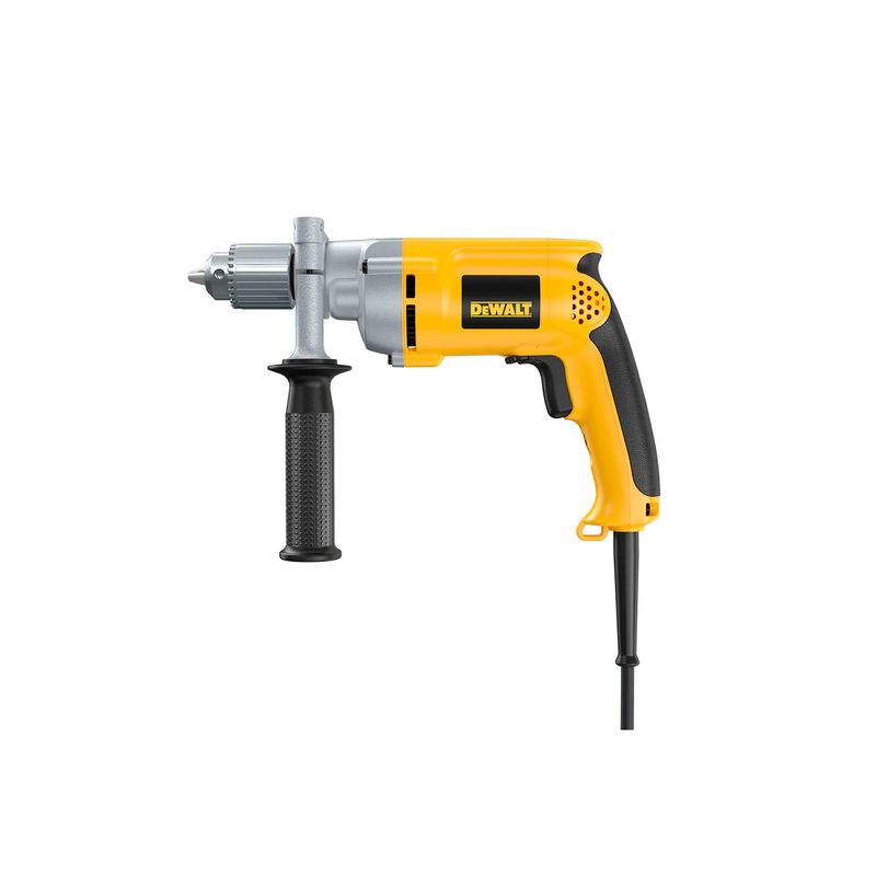 Taladro rotación eléctrico DeWALT de 1/2 pulgada y 900 W, vista lateral completa con mango auxiliar negro