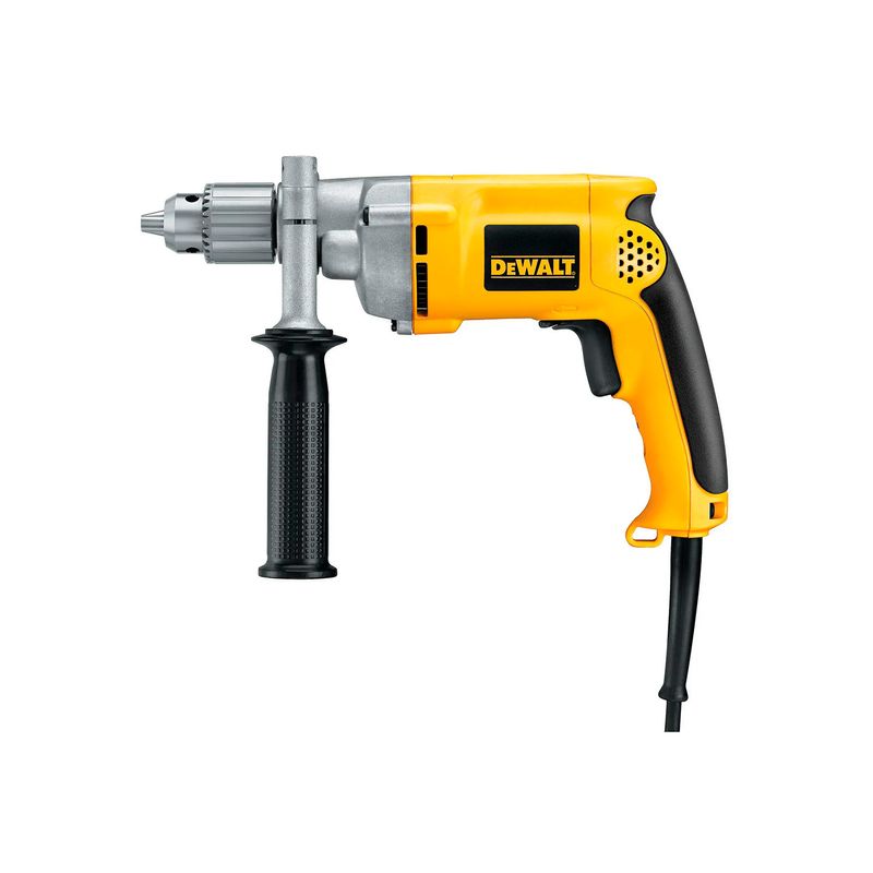 Taladro rotación eléctrico DeWalt de 1/2 pulgada y 900 W, vista lateral del equipo en color amarillo y negro