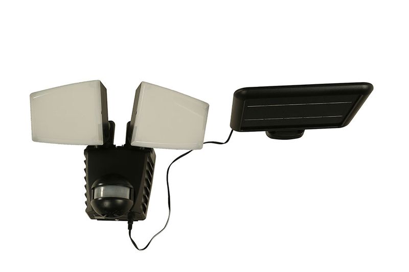 Luminaria pared exterior solar 8 W General Lighting, equipo negro con dos focos blancos y panel solar independiente