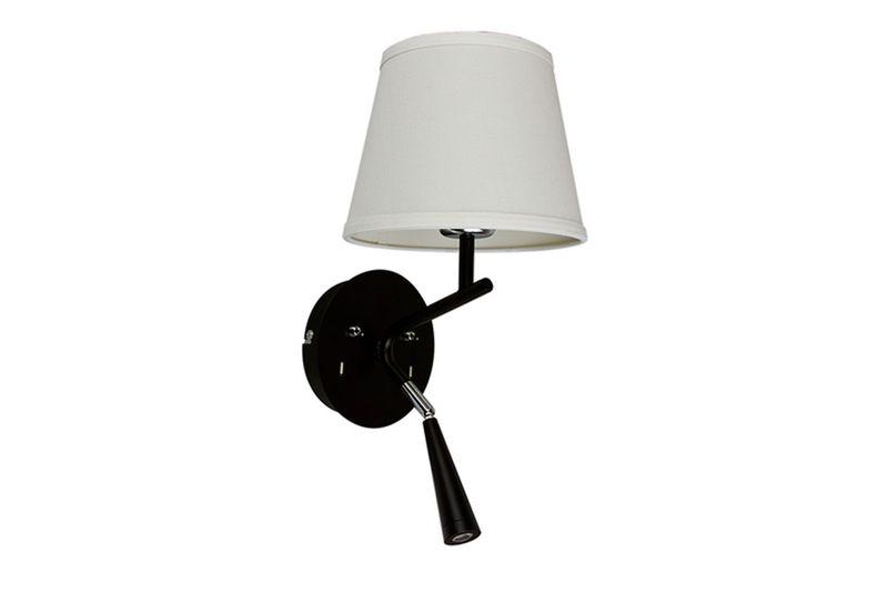 Luminaria de pared Bunda 1L E27 con LED dirigible, apagador, 2 USB Tecnolite, vista lateral con pantalla blanca y base negra