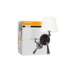Luminaria de pared Bunda 1L E27 con LED dirigible, apagador y 2 USB Tecnolite, junto a su caja blanca y naranja
